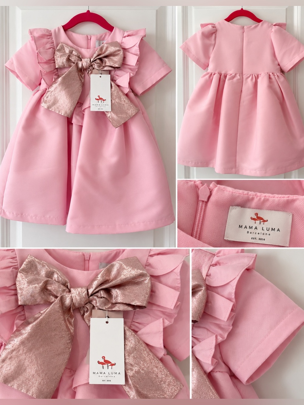 NWT! Mama Luma Pink Ruffle Occasion Dress with Metallic Bow